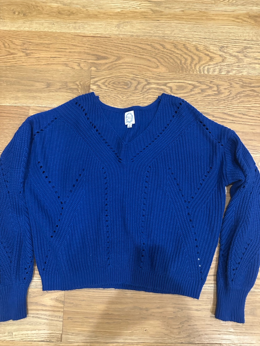 Blue Rain V-Neck Eyelet Knit Sweater in Cobalt Blue